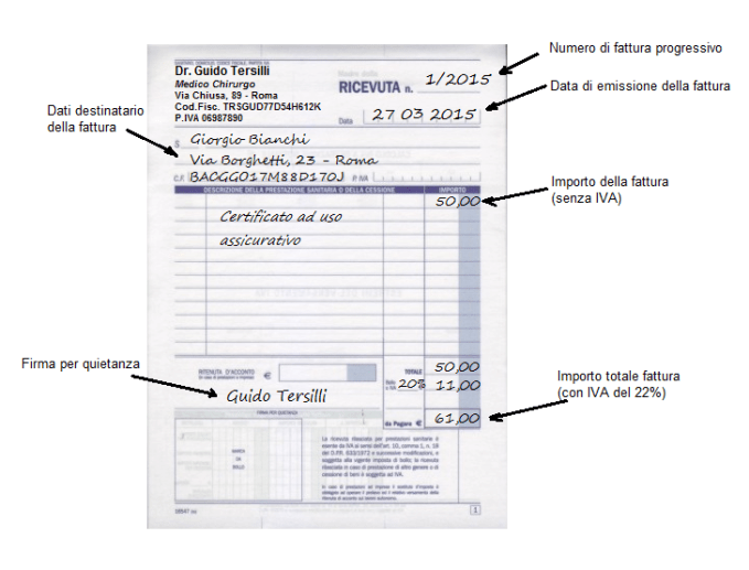 Fattura certificato ad uso assicurativo con regime ordinario